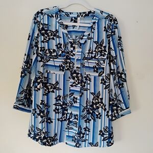 NY Collection Blue and Black Floral Striped Blouse With 3/4 Withroll-tab Sleeves